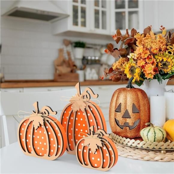 Fall Pumpkin Decor Thanksgiving Wooden Pumpkin Autumn Decorations Home Table Tie - Picture 7 of 8